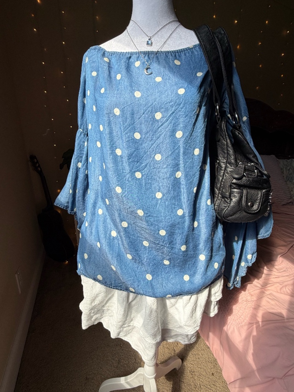 denim-look off the shoulder polka dot top